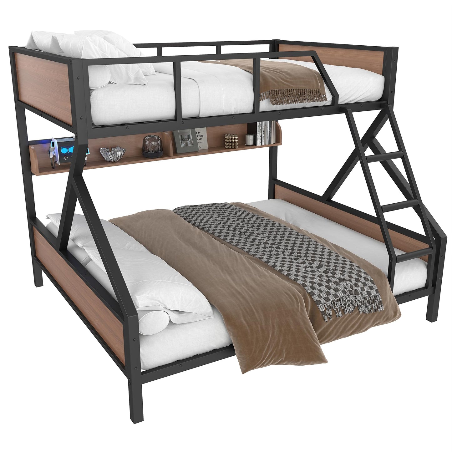 Bellemave Queen Over King Size Bunk Bed with Storage Shelves and LED Lights,Heavy Duty Adult Bunk Beds with Angled Ladder,Metal Queen Bunk Bed,Black