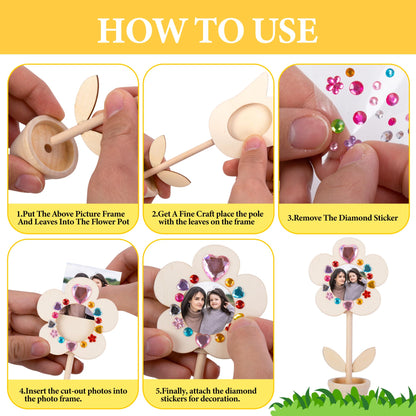14 Sets DIY Paintable Wood Flowers Photo Holders, Mother's Day Crafts Wooden Flower Picture Frames, Spring Flower Pot Unfinished Wood Ornament with Gems Stickers for Painting Mothers Day Birthday Gift