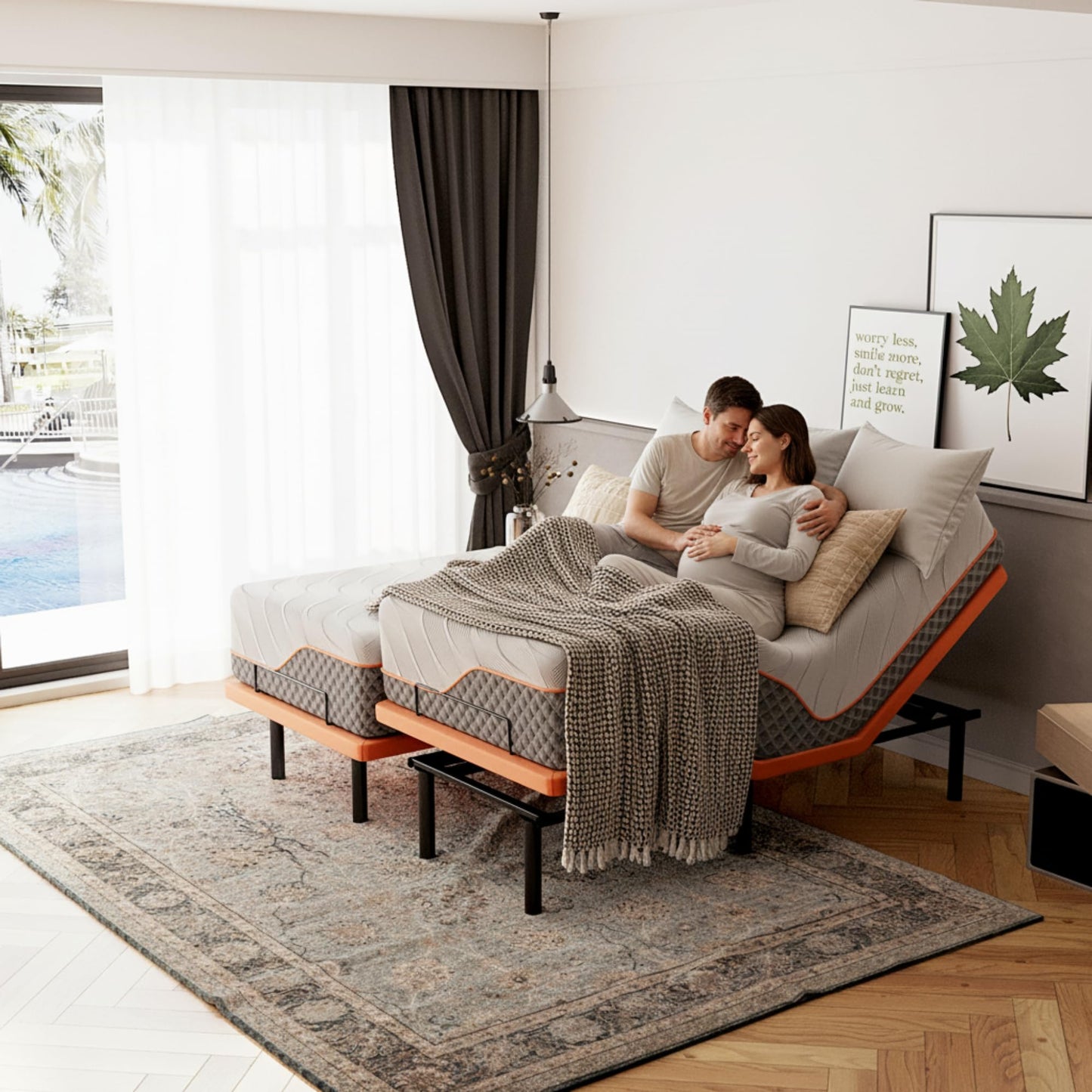 ESHINE Adjustable Bed Frame with 12" Hybrid Mattress with Luxury Gel Memory Foam(Medium), Split King Upholstered Bed Frames with Massage, Wireless Remote, USB, Under Bed Night Light, Head/Foot Incline