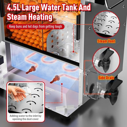 Hot Dog Steamer Machine, 28.5QT/27L, 2-Tier Electric Hot Dog Steamer with Bun Warmer, Adjustable Temperature, Hot Dog Hut Steamer with Visible Glass Sliding Door