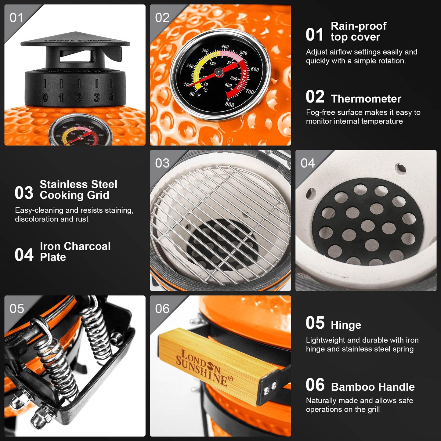 Upgraded 13 inch Ceramic Kamado Grill with Waterproof Air Vent Cap | Portable Tabletop Charcoal BBQ Grill Smoker for Outdoor Cooking, Patio, Camping | Orange