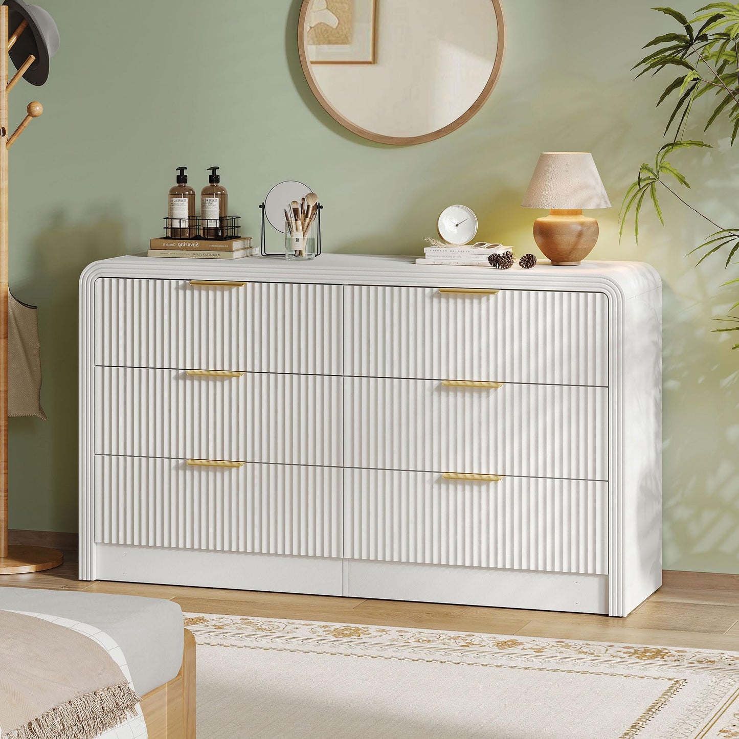 Decofy Fluted Drawers Dresser for Bedroom, Wood Dressers with Gold Handles, Modern Dressers with Wave Texture, Large Storage Chest of Drawers, Bedroom Dresser Organizer 55'' & 6 Drawers (Pure White)