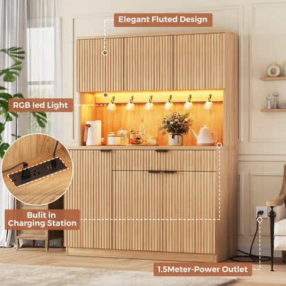 Jocoevol Fluted Kitchen Pantry Storage Cabinet with Charging Station/LED Light/Doors/Shelves, 71'' Tall Kitchen Food Hutch with Microwave Stand for Dining Room Living Room (Natural, 41 * 15.7 * 71)