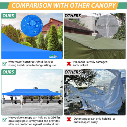 COBIZI 10x30 Pop Up Canopy with Sidewalls, Heavy Duty Canopy with Mosquito Netting, Easy up Screen Party Tents for Parties Backyard Outdoor Commercial Event Gazebo with Roller Bag, Sandbags, Blue