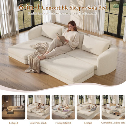 Vesgantti 6 in 1 Convertible Folding Sleeper Sofa Bed, 110.2" Modular Sectional Sofa with Curved Armrest, Chenille Boneless Couch for Living Room, No Assembly Required, Beige, Left Facing Chaise