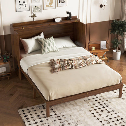 GDFStudio Queen Size Murphy Bed Cabinet with Rattan Panel, Built-in Power Station, Pine Wood Cabinet Bed with Storage Drawer, Foldable Queen Beds for Guest Rooms, Small Spaces, Living Rooms, Walnut