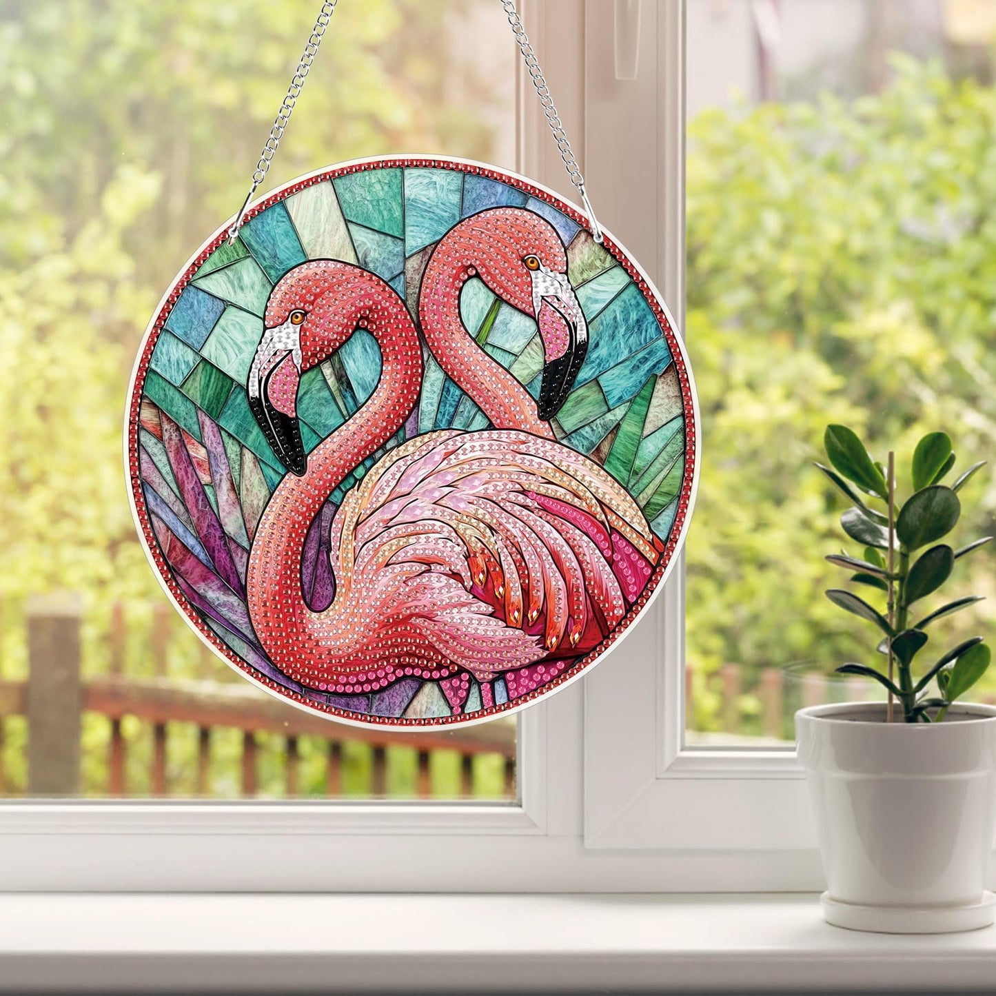 HEIBAGO Flamingo Hanging Diamond Art Kits for Adults, Special Shaped Crystal Diamond Painting Ornament Kit, DIY Double-Sided Pattern Window Pendant Gem Art Kit for Home Wall Decor 8.3x8.3inch