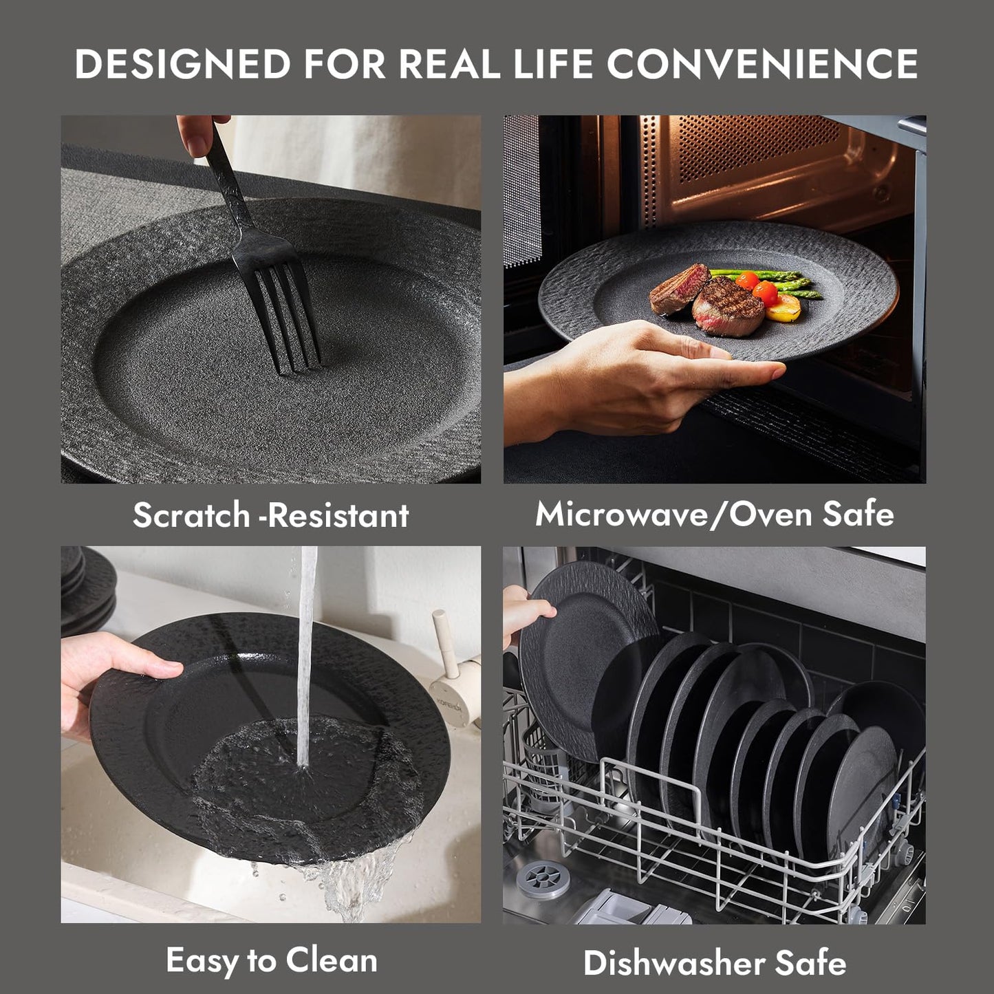 KINGSTONE Black Dinnerware Sets, 24-Piece Matte Marble Pattern Premium Porcelain, Place Setting with Dinner Plate, Salad Plate, Pasta Bowl, Microwave and Dishwasher Safe