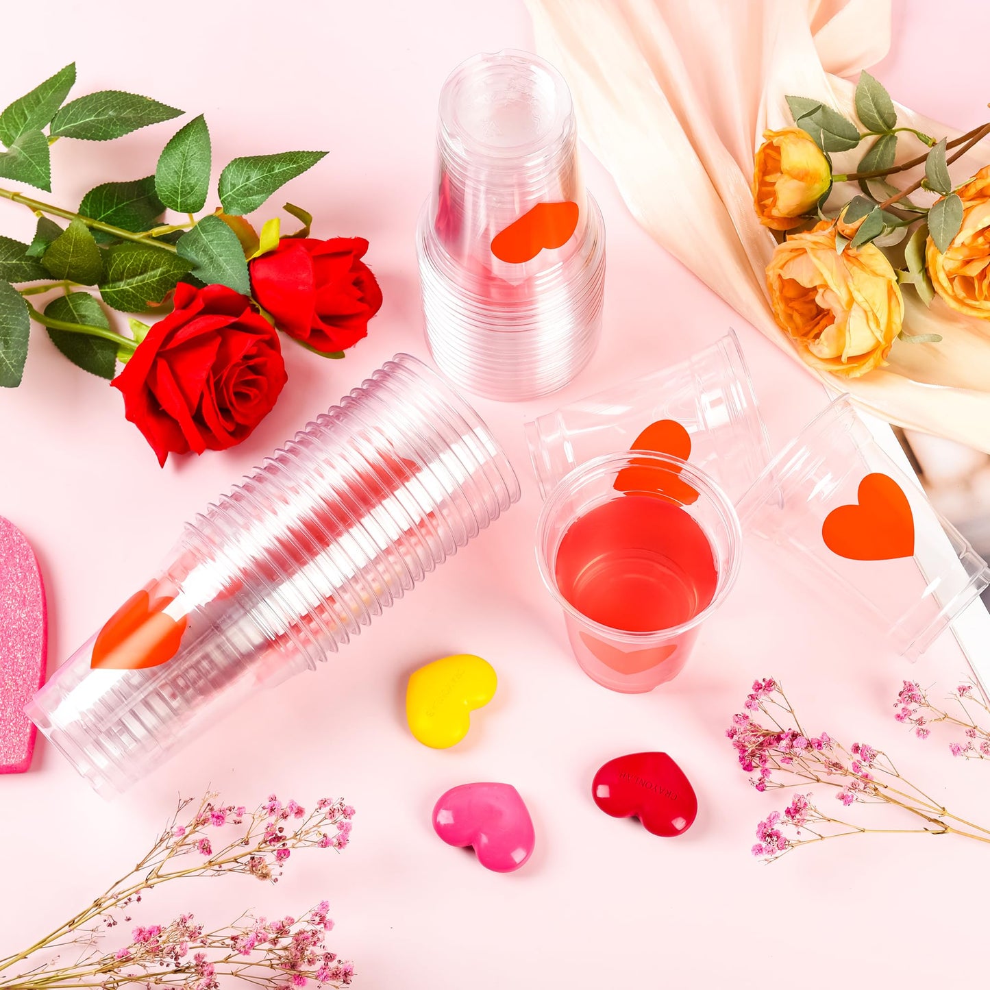 AimFun 50Pcs Valentine's Day Plastic Cups Red Heart Party Cups 12oz Clear Heart Disposable Drinking Cups for Valentines Wedding Galentine's Day Anniversary Party Supplies