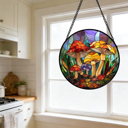 DASTOLL Stained Glass Window Hanging, Jungle Mushrooms Sun Catchers Diamond Glass Panel Hangings Plant Suncatcher Decor for Birthday for Women, Men, Wife, Aunt, and Mom 7.8 in