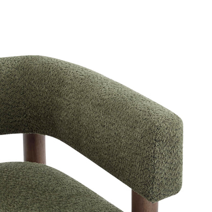 Merax Bouclé Upholstered Accent Arm Chair, Modern Lounge Armchair with Rubber Wood Legs and Foam Cushion, Comfortable Barrel Reading Chair for Living Room Bedroom, Olive Green/Walnut