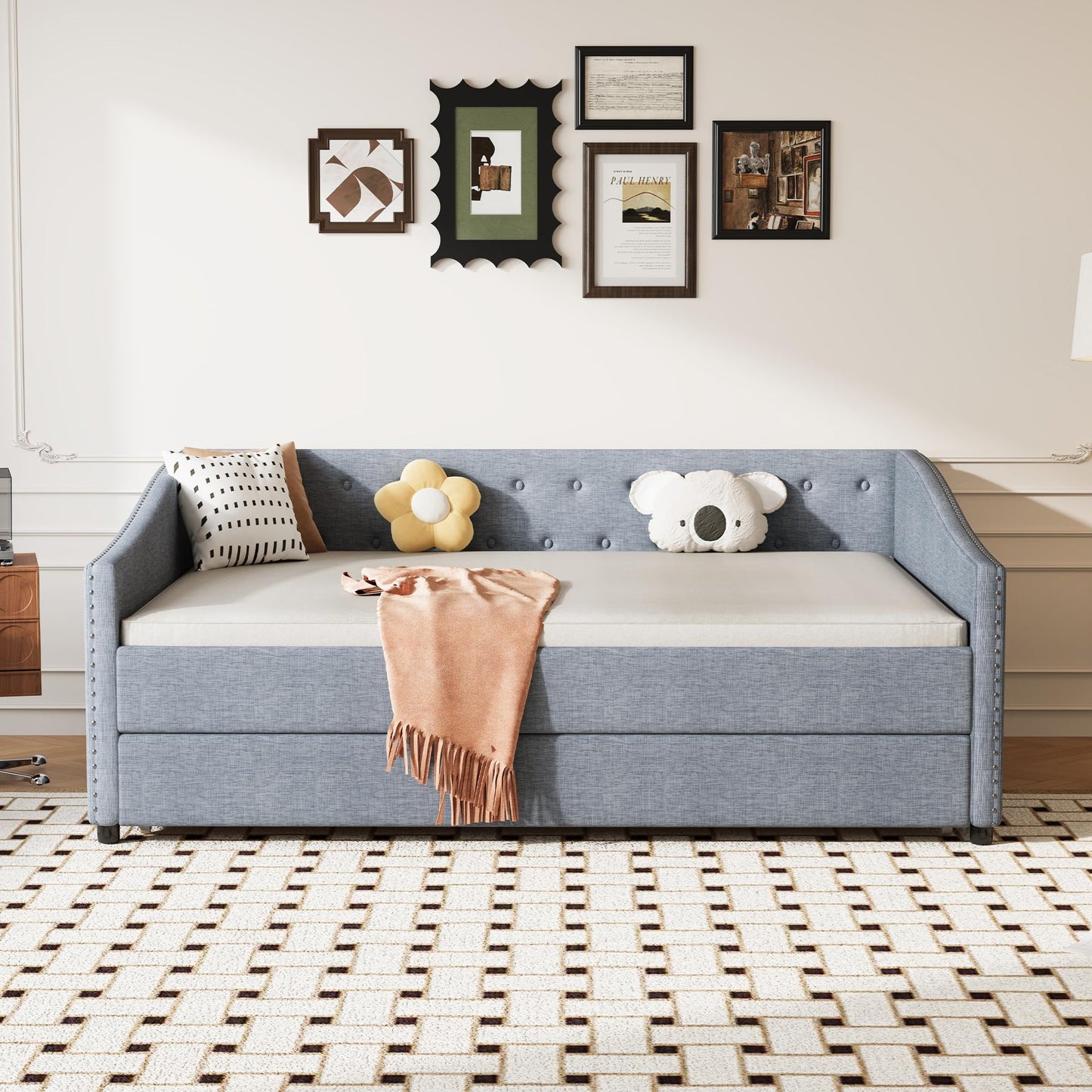 Ball & Cast Full Size Daybed with Twin Size Trundle,Upholstered Day Bed Frame w/Button Tufted Back and Wave Shape Arm for Bedroom, Guest Room,Apartment,Light Grey