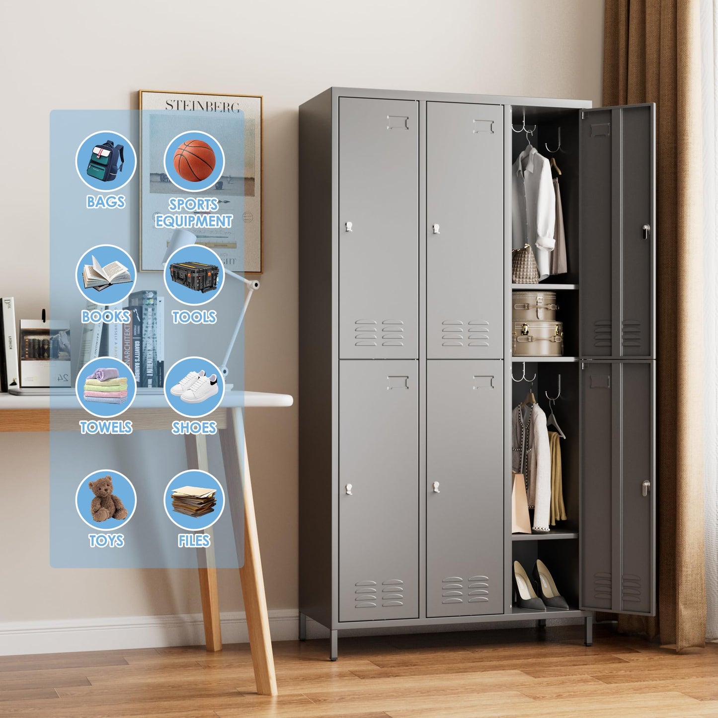 METALYEYE 6 Doors Metal Storage Lockers for Employees,Industrial Steel Storage Locker with 18 Hooks & Air Hole for Gym,School,Garage,Office,Assembly Required,Dark Gray,72''H*35.43''W*15.75''D