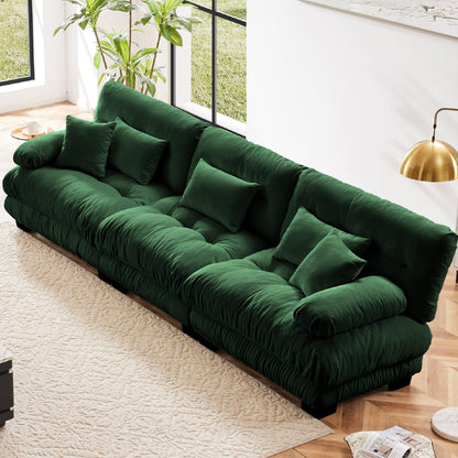 KEIKI 133" Sectional Sofa with Removable Ottomans, Comfy 3 Seat Sleeper Cloud Couch Set, Chenille Upholstered Modular SofaBed for Apartment Living Room, Throw Pillows, Dark Green