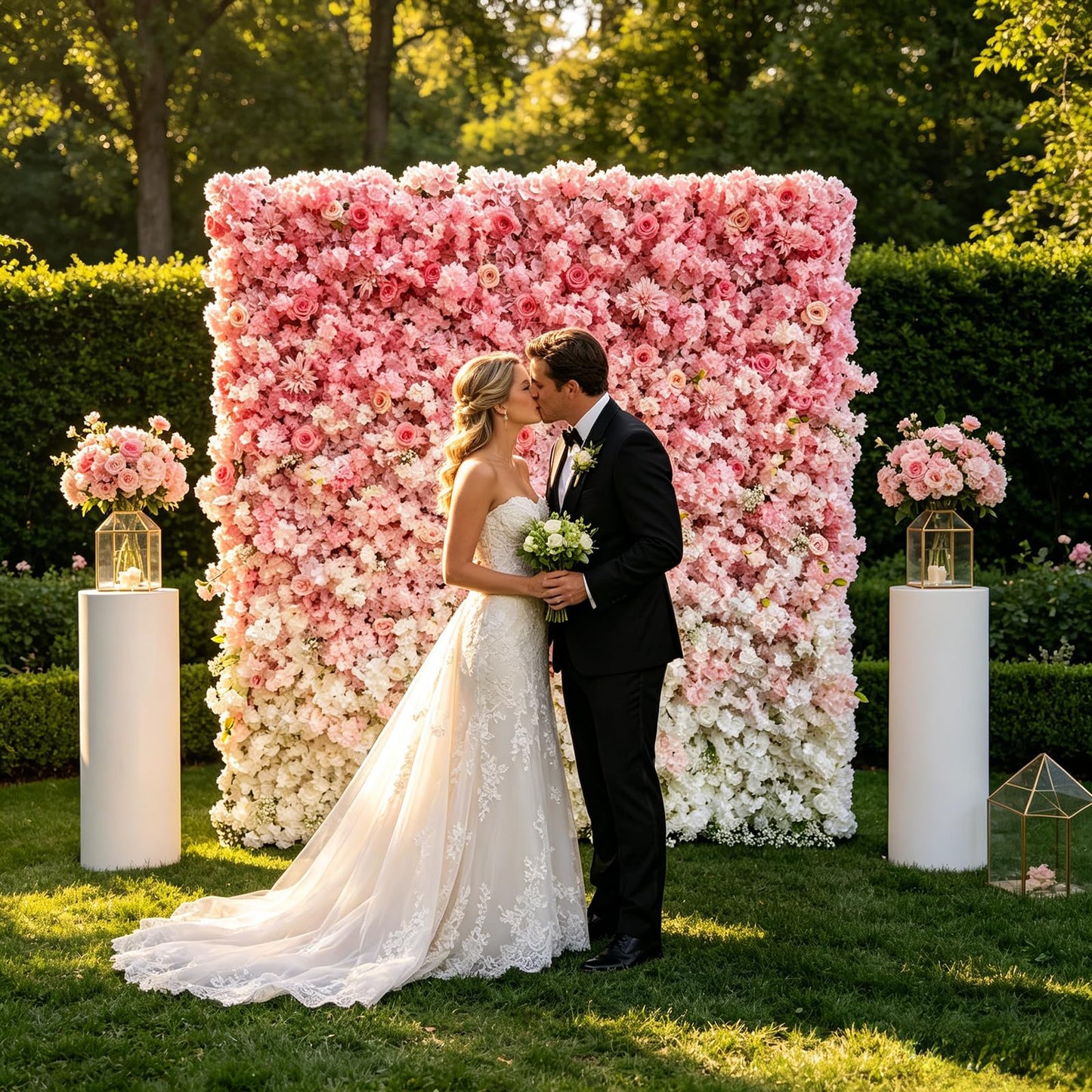 5D Realistic Rose Flower Wall Backdrop, 8×8FT Reusable Flower Wall Panel, Easy to Install & Store, Ideal for Wedding, Birthday Party & Home Decoration, Pink-to-White Gradient, Without Stand