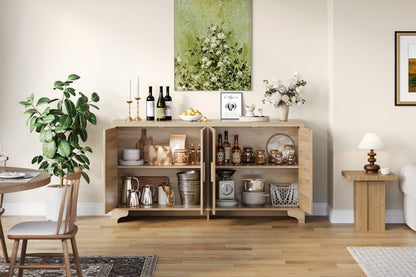 IDEALHOUSE Natural Rattan Sideboard Buffet Cabinet with Storage, Farmhouse Large Rattan Cabinet with 4 Doors, Wood Accent Coffee Bar Buffet Console Tables for Kitchen Living Room Entryway