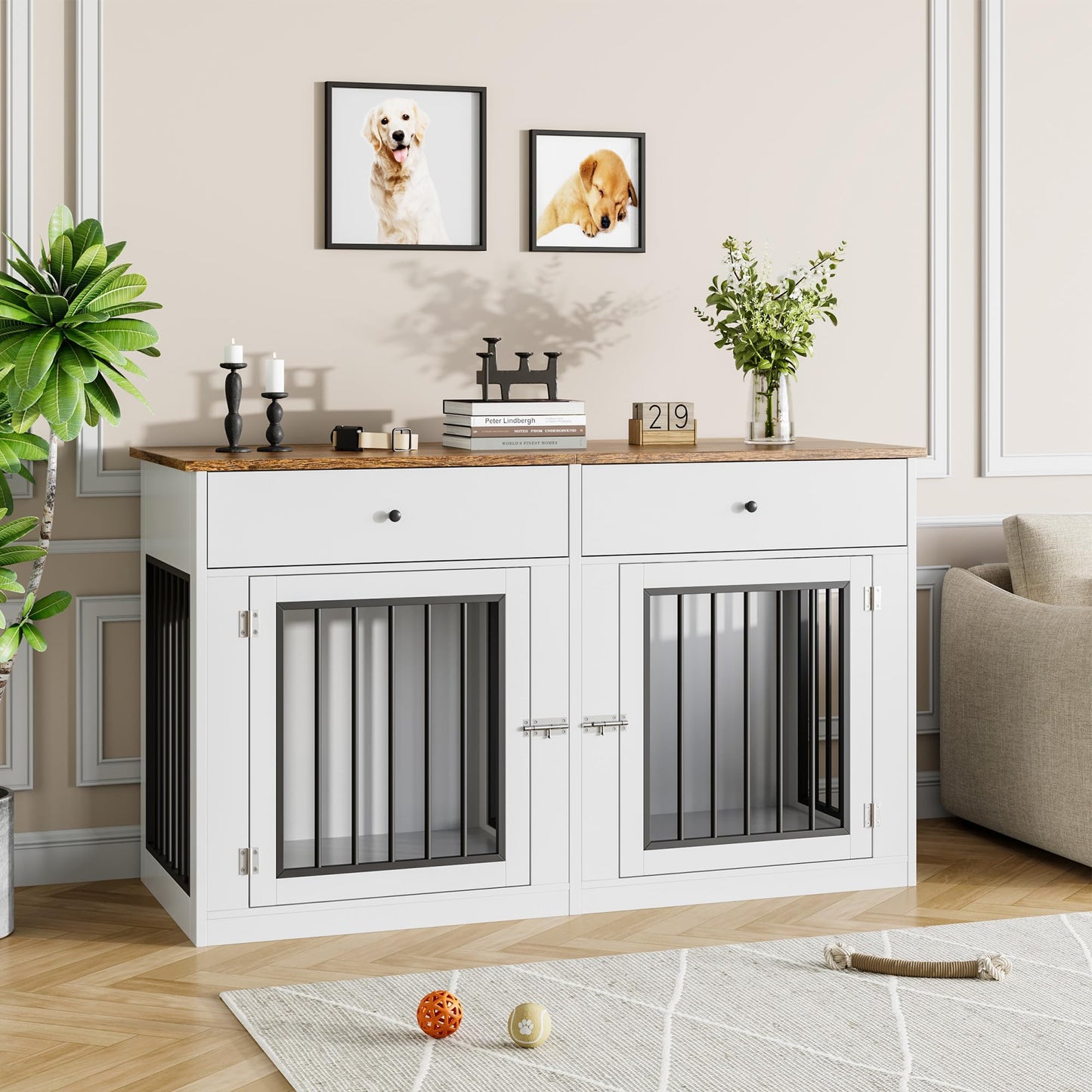 Dog Crate Furniture for 2 Dogs, 60" Farmhouse Dog Kennel Furniture with 2 Large Drawers, Indoor Dog Cage & TV Stand, Wooden Double Dog Crates for Small Medium Dogs, White