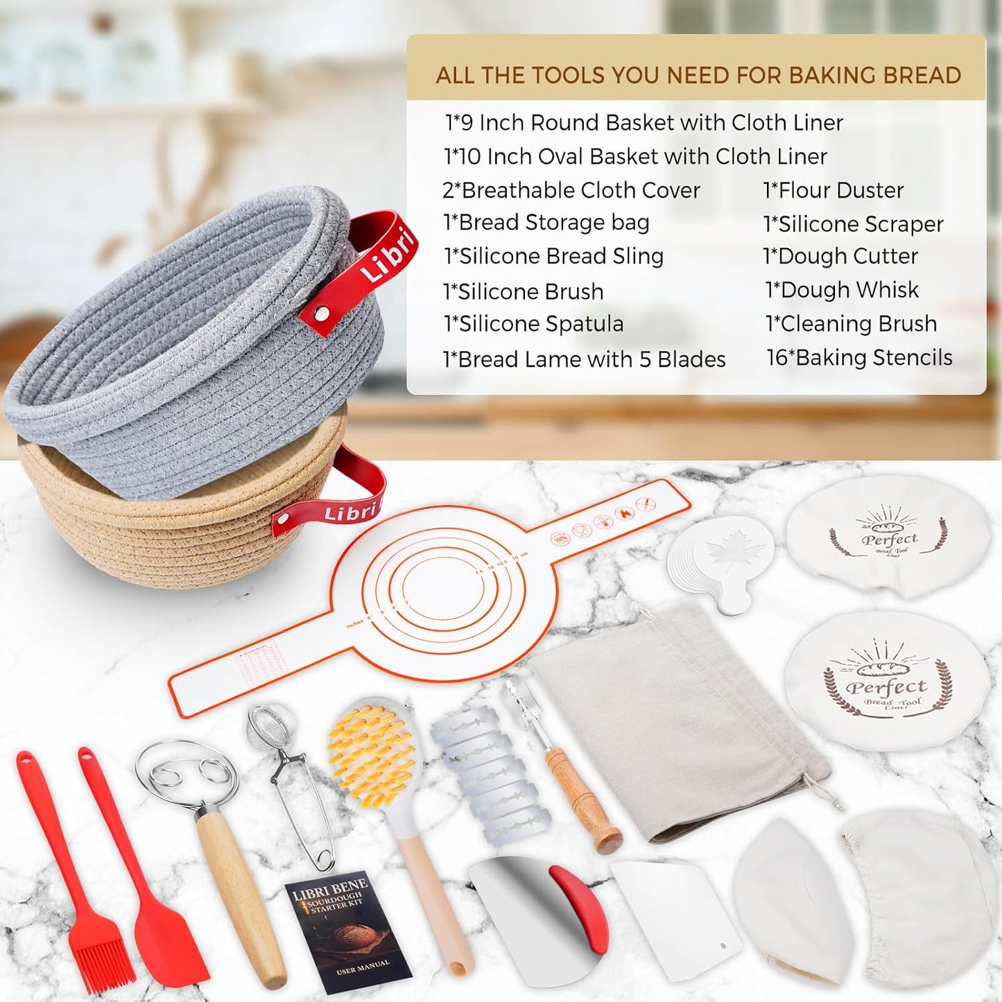Libri Bene Sourdough Starter Kit,sourdough Bread Baking Supplies,Bread Proofing Basket,Sourdough Proofing