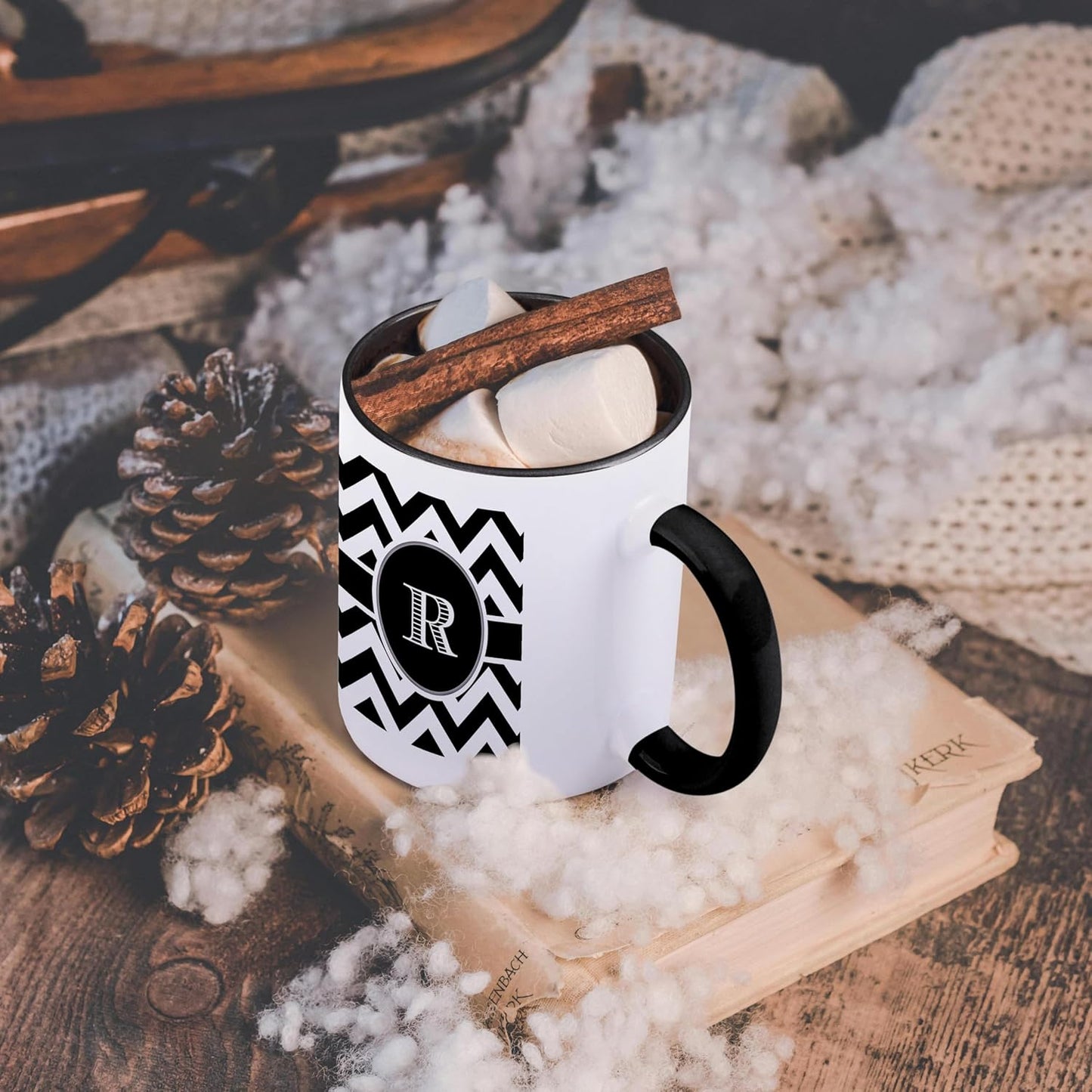 3dRose Black and White Chevron Monogram Initial R Mug, Two Tone Black, 11oz
