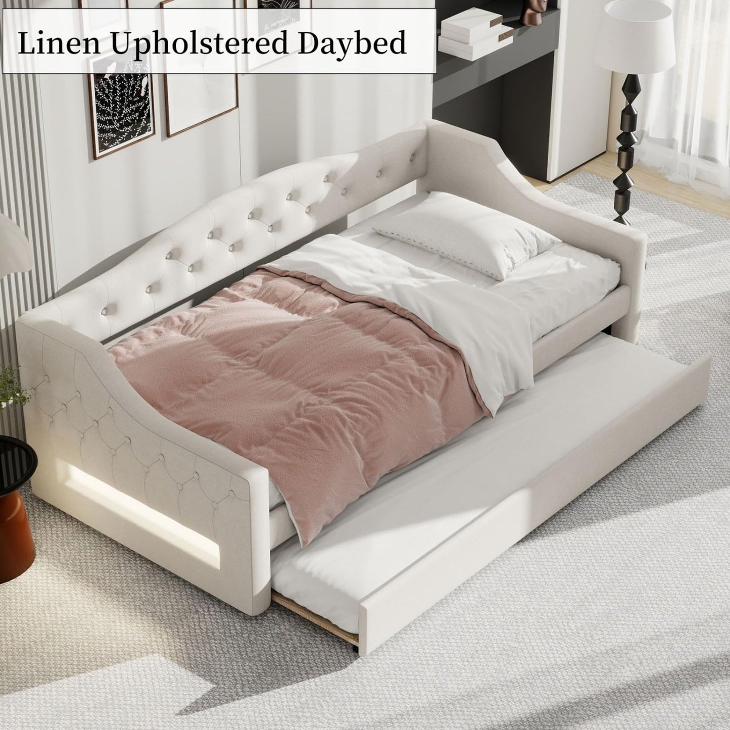 Merax Twin Size Linen Corner Daybed with Trundle and LED Belt, Upholstered Headboard Captain Bed Frames for Small Room, Bedroom, Guest Room, Kids' Room, White
