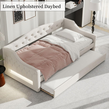 Merax Twin Size Linen Corner Daybed with Trundle and LED Belt, Upholstered Headboard Captain Bed Frames for Small Room, Bedroom, Guest Room, Kids' Room, White