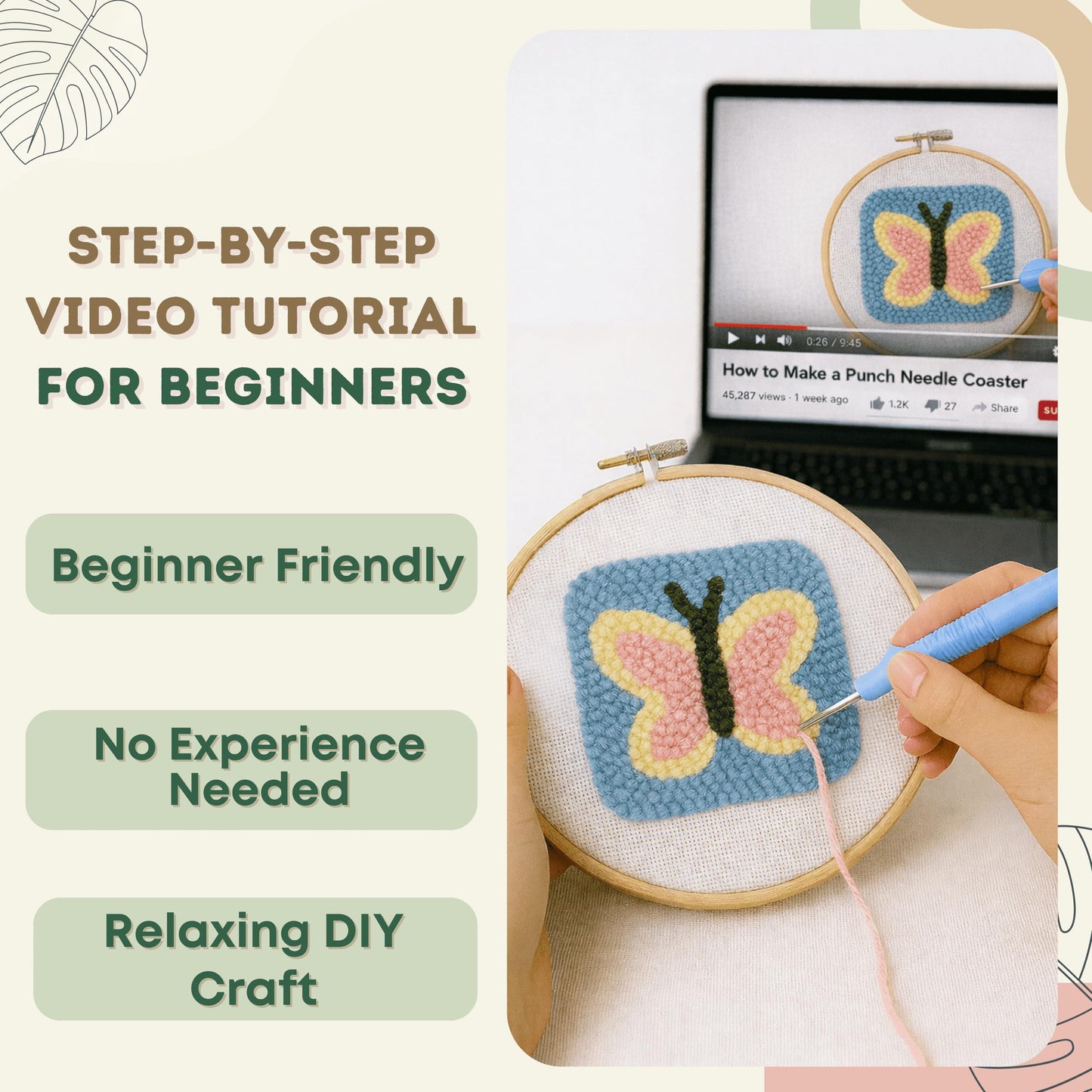 Kukovaya Punch Needle Kit for Beginners & Adults; Complete DIY Embroidery 6-Coaster Kit with Printed Fabric, Yarn, Needle, Hoop & Guide Easy Craft Kit for Home Decor, Gifts & Stress Relief