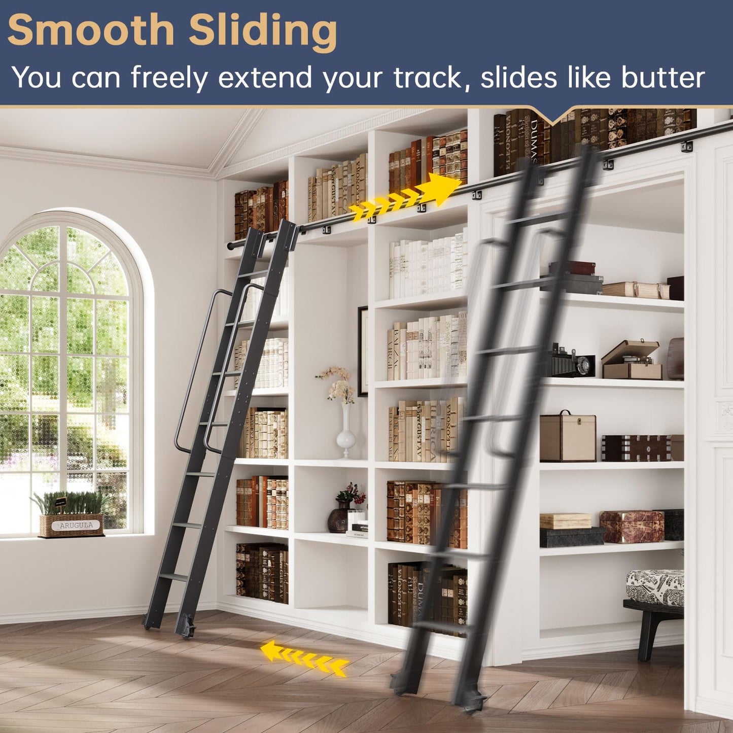 CEAKIAN 8FT Aluminum Rolling Library Ladder with 4FT Sliding Hardware Kit,Telescopic Hook Track with Brake Wheel,7 Steps with Handrail,450lbs Capacity,Black,Easy Assembly,for Loft Bookcase Attic Home