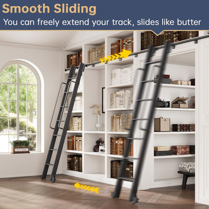 CEAKIAN 8FT Aluminum Rolling Library Ladder with 4FT Sliding Hardware Kit,Telescopic Hook Track with Brake Wheel,7 Steps with Handrail,450lbs Capacity,Black,Easy Assembly,for Loft Bookcase Attic Home