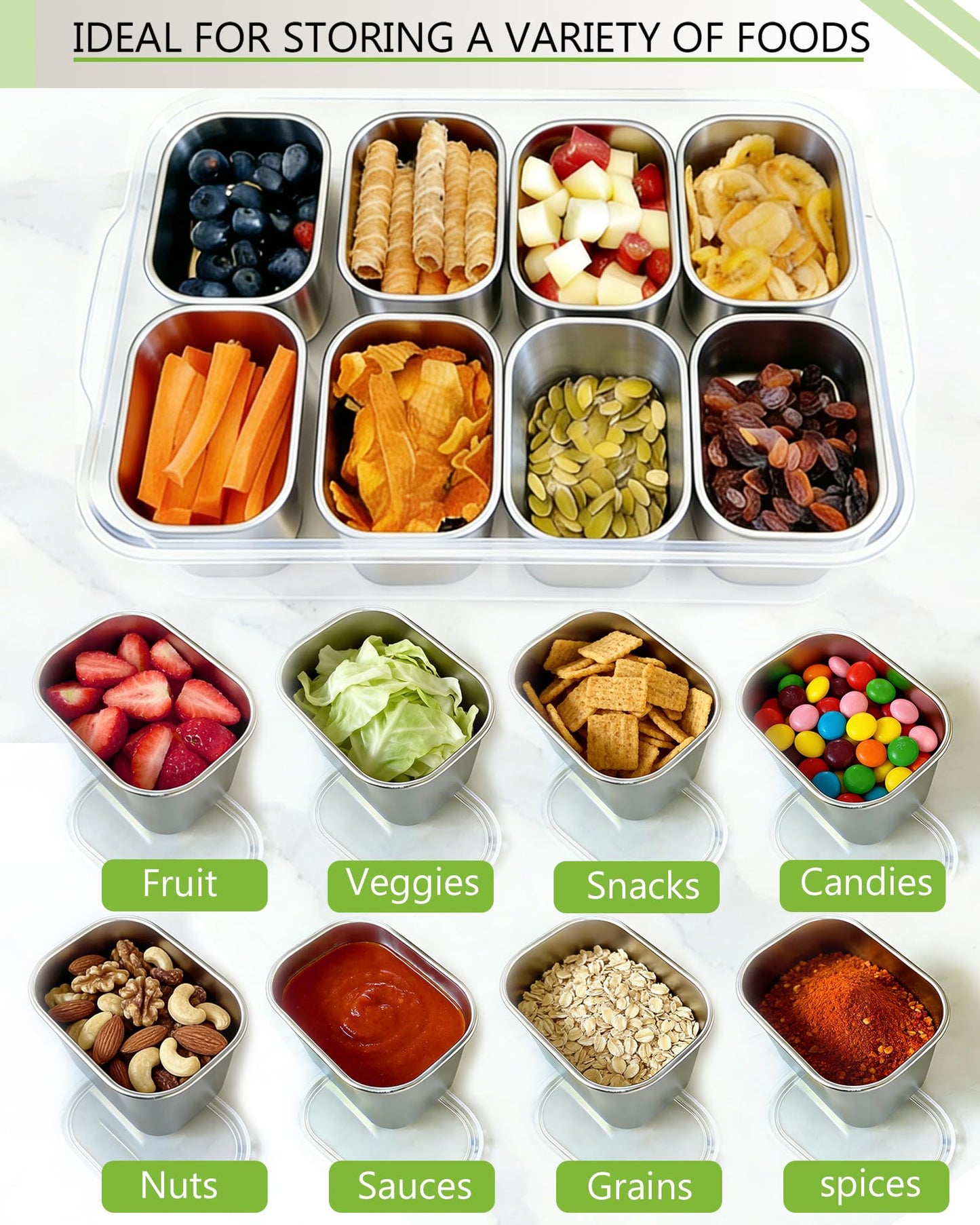 kidinit Snackle Box Container, Stainless Steel Divided Serving Tray with Lid and Handle, Large Snack Tray for Fruit Veggie Candy, 8-Compartment Snack Platter for Travel Party Beach Picnic