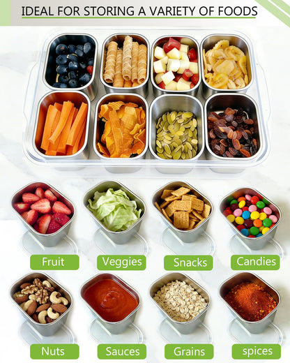 kidinit Snackle Box Container, Stainless Steel Divided Serving Tray with Lid and Handle, Large Snack Tray for Fruit Veggie Candy, 8-Compartment Snack Platter for Travel Party Beach Picnic