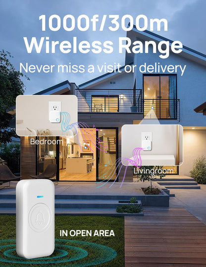 Wireless Doorbell, Waterproof Door Bell with 60 Chimes, 5 Levels Volume and LED Flash, 1000ft Long Range Classroom Doorbell for Home Office Hospital (2 Receiver & 1 Button, Black)