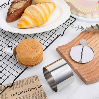6 Pack Round Cake Ring Molds, Seamless Round Stainless Steel Cake Ring, Mousse Rings 3 Inch Pastry Cutter 3" Crumpet Rings, Stainless Steel Dessert Cooking Molds with Presser & Lifter for Baking