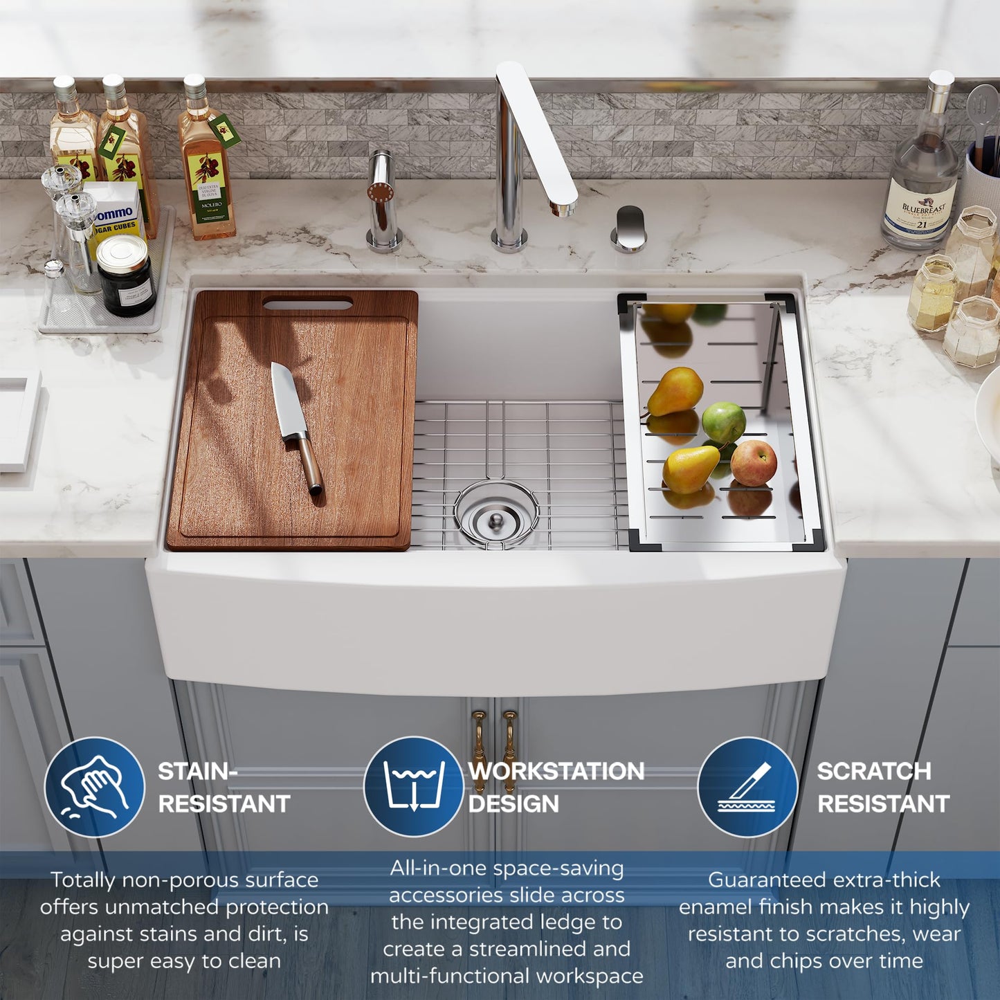 33 White Farmhouse Sink Workstation, Hugsleek Undermount Farm Kitchen Sink 33x21 inch Apron Front White Porcelain Ceramic Fireclay Sinks Ledge Accessories Under Counter Single Bowl Farmer Sinks Basin