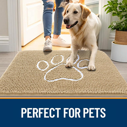 OLANLY Dog Door Mat - Absorbent Non-Slip Chenille for Muddy Paws | 59x24 Beige Paw Print Design