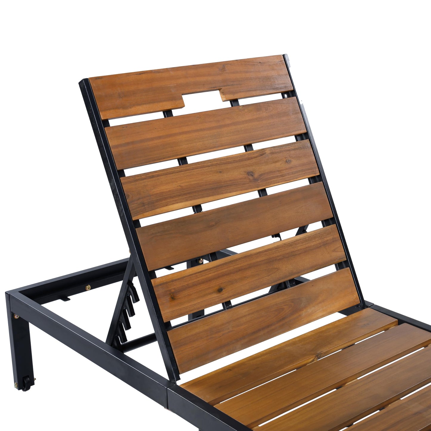 ApilithHive Outdoor Chaise Lounge with 6-Position Adjustable Backrest, Acacia Wood and Steel Frame, 78.7", 400 lbs Capacity, Black+Natural
