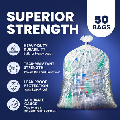 Plasticplace Heavy Duty 55-60 Gallon Trash Bags – Clear Garbage Can Liners (38” x 58”) – Durable Multiuse, Puncture-Resistant, 50 Count – Ideal for Kitchens, Warehouses and Recycling Trashbags 1.5 Mil