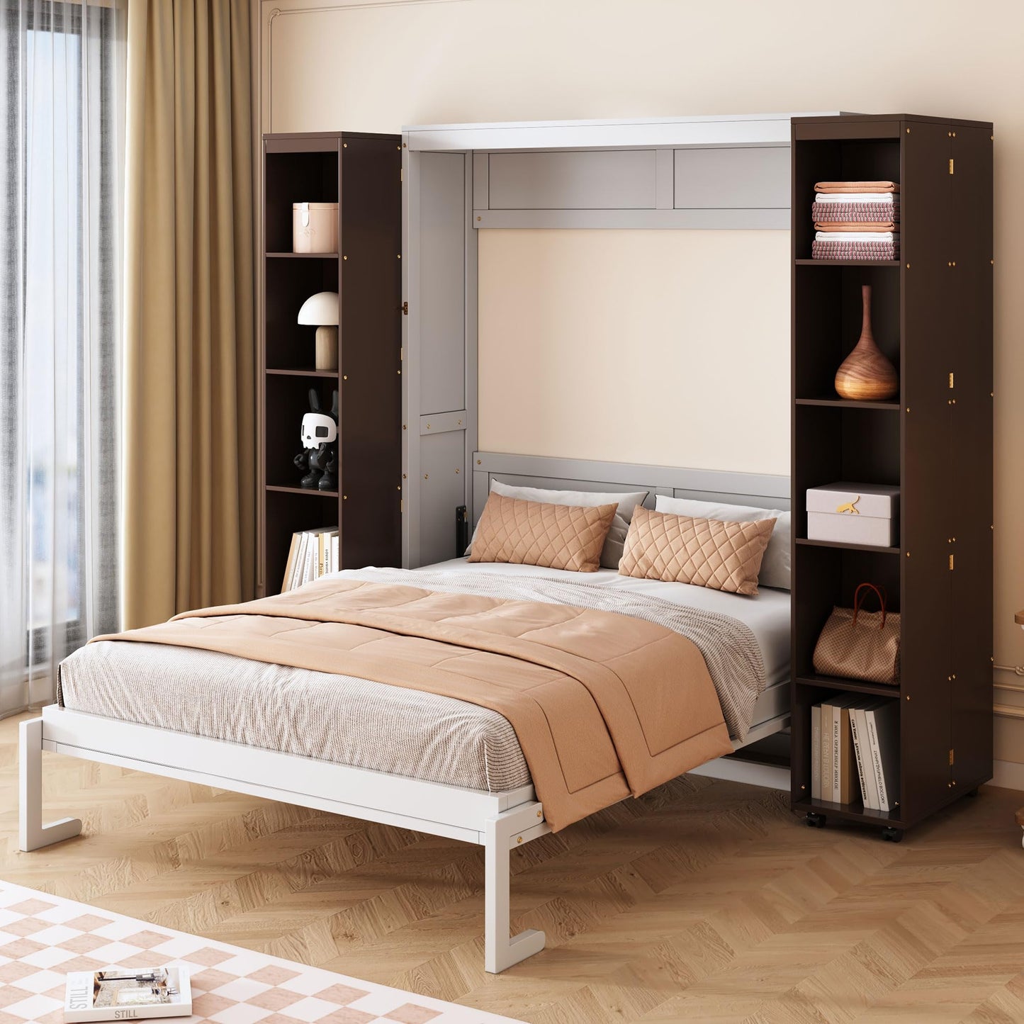 Ball & Cast Murphy Bed Queen Size,Wood Hidden Wall Bed with 2 Sides Push-Pull Foldable Storage Cabinets, Multifunctional Cabinet Bed Frame for Bedroom,Guest Room,Space Saving,Espresso