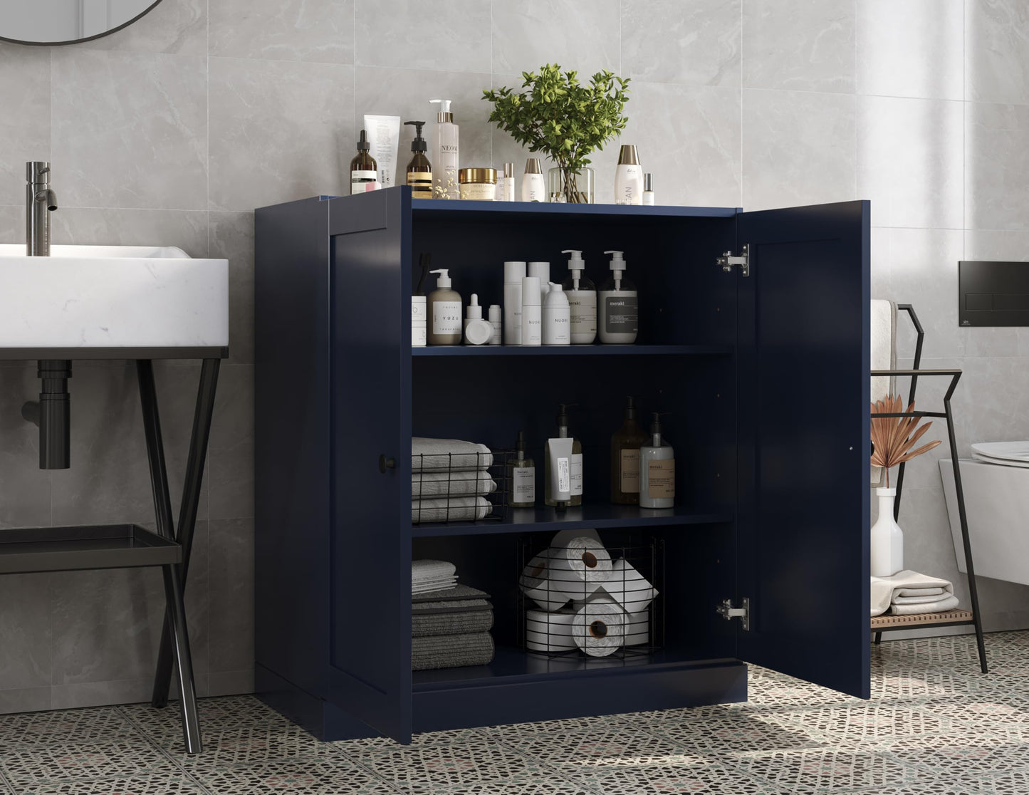 Palace Imports 100% Solid Wood Bathroom Storage Cabinet - 32" Wide - Navy Blue, Small Bathroom Cabinet with 2 Shaker Doors & Adjustable Shelves, 100% Eco-Friendly Wood, Modular Cabinets