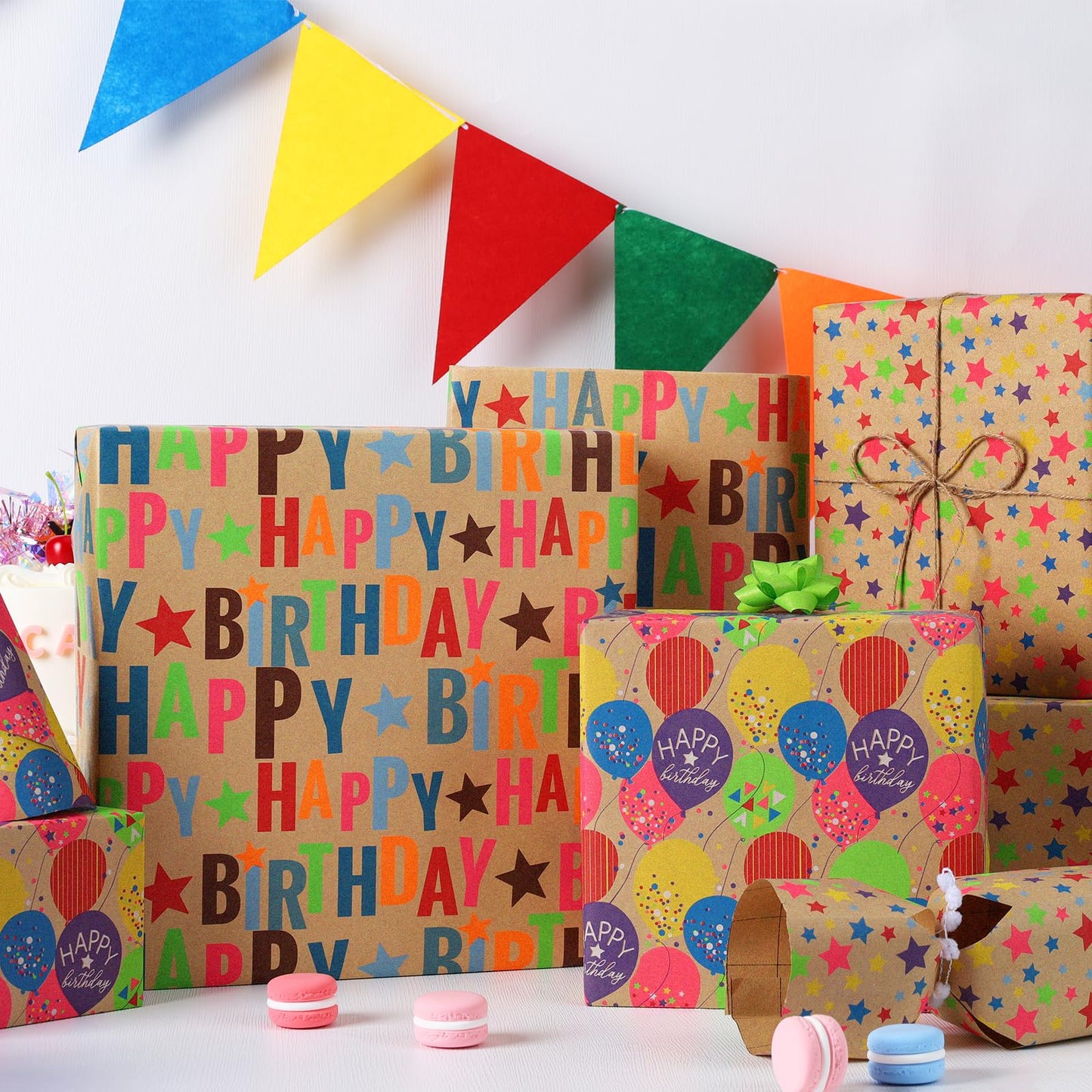 BIOBROWN Kraft Birthday Wrapping Paper, Colorful Gift Wrap with Text Happy Birthday Balloon Stripes Design for Kids, 17 inch X 120 inch Per Roll