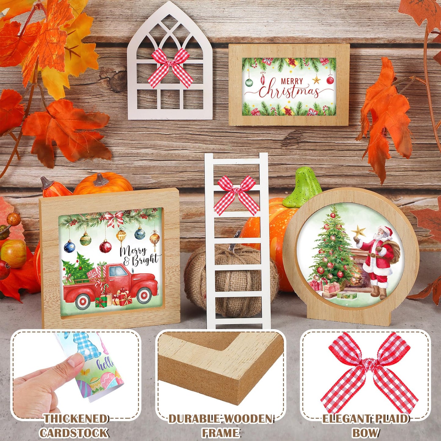 GlikCeil 95 Pcs Interchangeable All Season Tiered Tray Decor Set Summer Hawaii 4th of July Decorations Wooden Frames Ladders with Season Cards Bows for Independence Day Holiday Kitchen Home