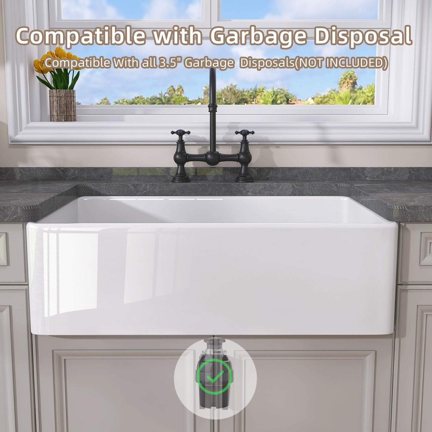 GETPRO White Farmhouse Kitchen Sink 30 inch Fireclay Apron Front Farm Sink Undermount Single Bowl Reversible Farmer House Style Kitchen Basin with Modern Accessories