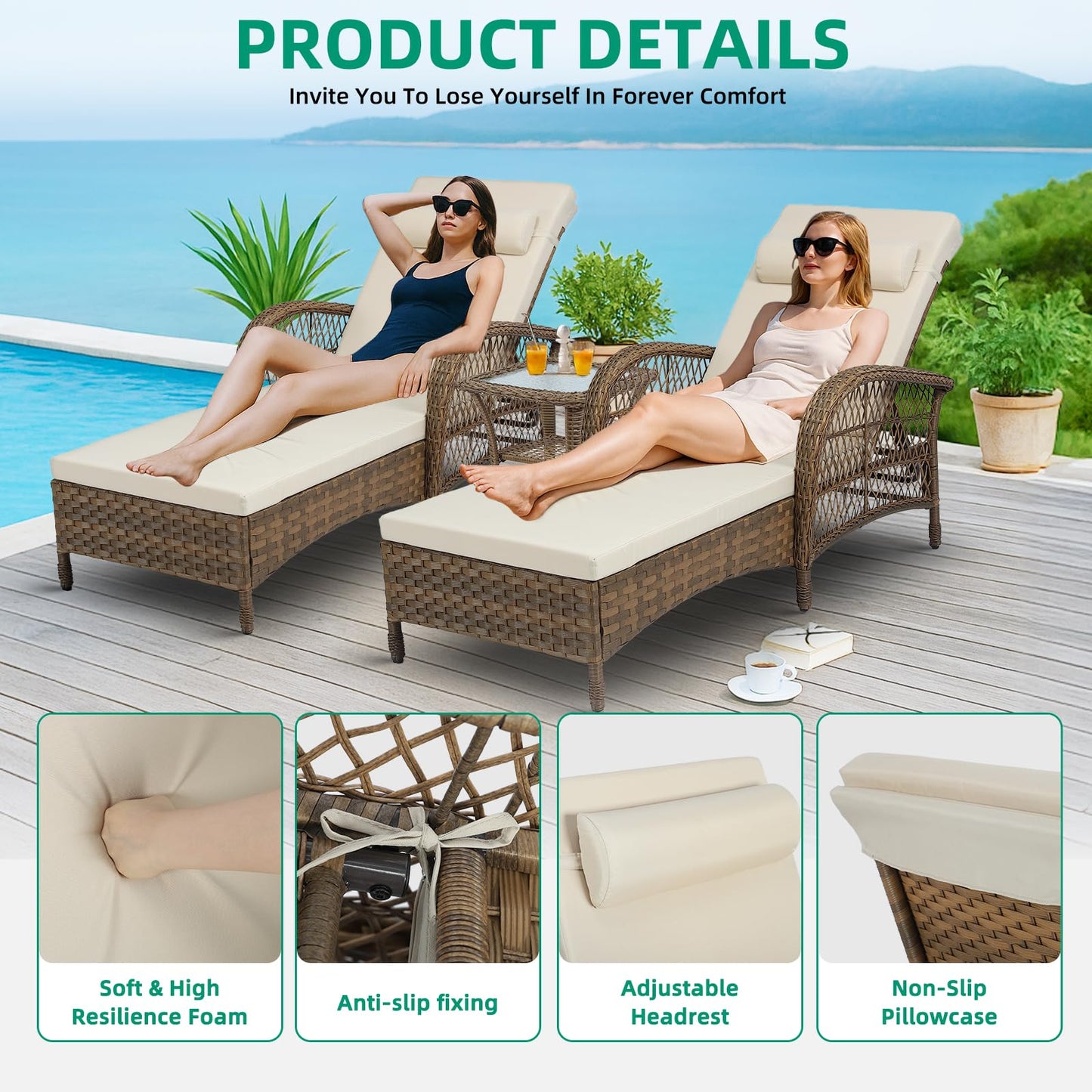 VIVIJASON 3 Pieces Outdoor Wicker Chaise Lounge Chair Set, All-Weather PE Rattan Cushioned Patio Lounger Set of 2 with Side Table, Adjustable Pool Sunbathing Recliner with Armrest & Pillow, Beige