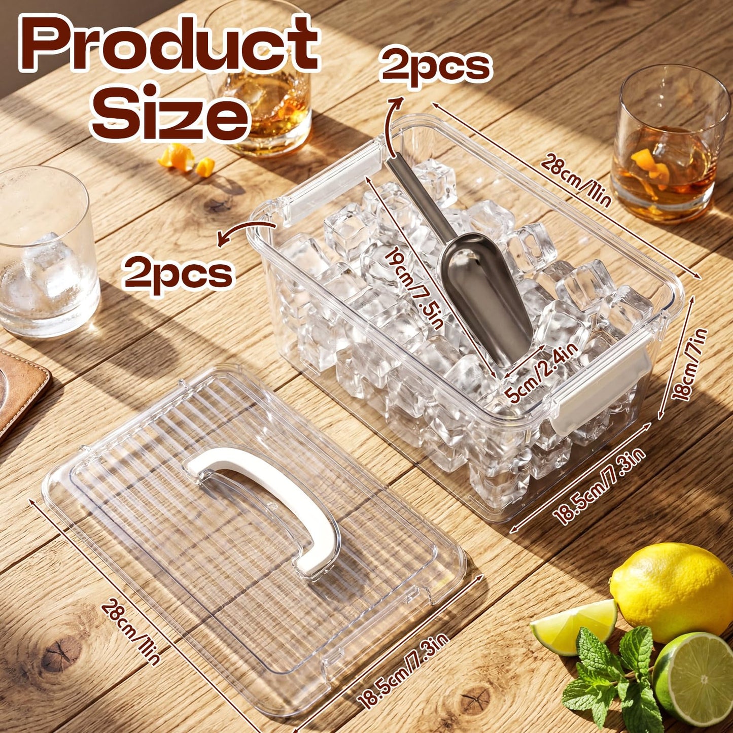 Teecyhooo 2 Set Ice Bin and Metal Scoop Set, Plastic Freezer Ice Bin with Lid, Clear Storage Bucket Plastic Containers Food Scoops for Cocktail Freezer Bar Party Barbeque Camping
