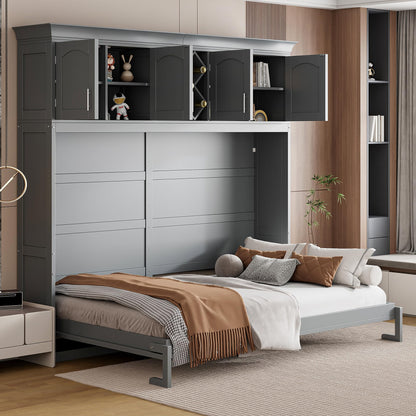 Merax Queen Size Murphy Bed, Foldable Wall Bed with Storage Cabinet, Dual Piston Metal Mechanism & Wooden Slats, No Box Spring Needed, Space-Saving for Small Apartment, Studio, Guest Room, Gray