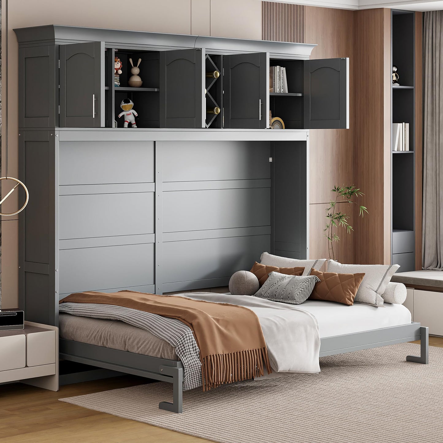 Murphy Bed Queen Size,Murphy Bed with Top Cabinets & Wine Rack,Space-Saving Hideaway Wall Foldable Bed w/Dual Piston Metal Folding Mechanism,Bedroom Folding Bedframe for Guest Room,Gray