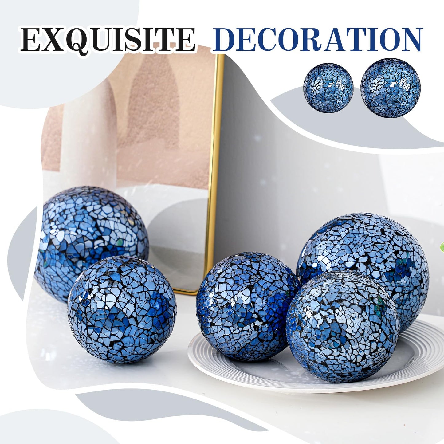 Qinyoung Blue 8 Pcs Decorative Ball for Bowls, 3'' 4'' Glass Mosaic Sphere Decorative Orbs for Centerpiece Bowls Vase Fillers, Wedding, Party, Coffee Table & Home Decor