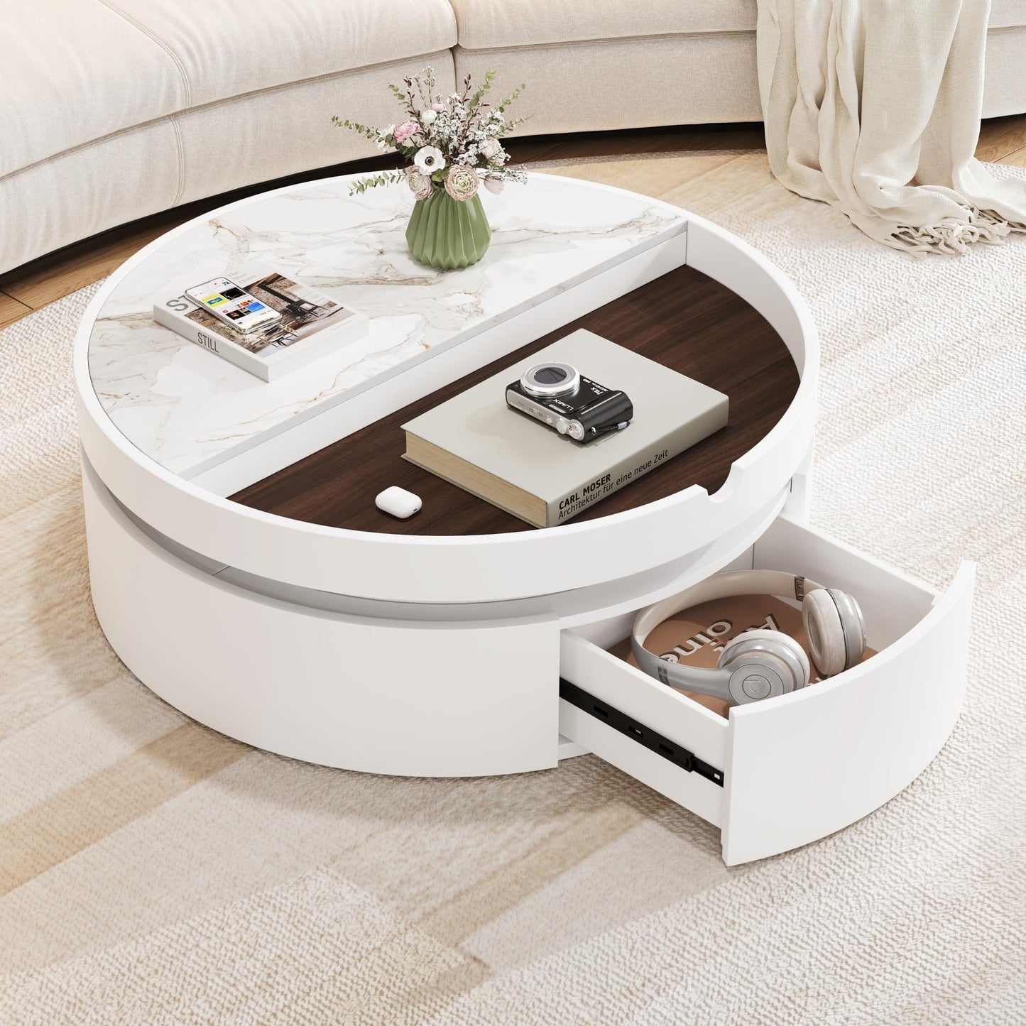 Merax 29.5" Lift-Top Round Coffee Table, with Hidden Storage & 1 Drawer, Marble and Wood Grain Dual-Tone Tabletop, Compact for Living Room Apartment, White