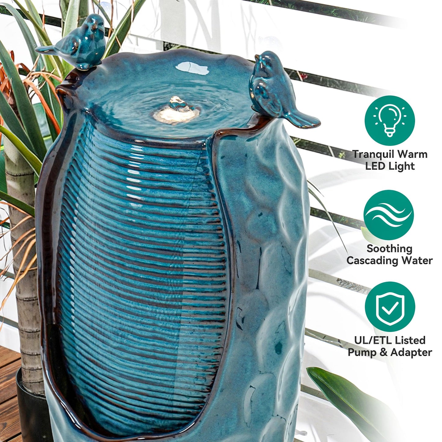 Autodaya 32.5" H Ceramic Jar Outdoor Fountain, Honeycomb Pot Water Feature with LED Lights, Soothing Trickling Waterfall for Garden, Patio, Yard, Balcony Oasis, KD Vivid Birds, Turquoise Glaze
