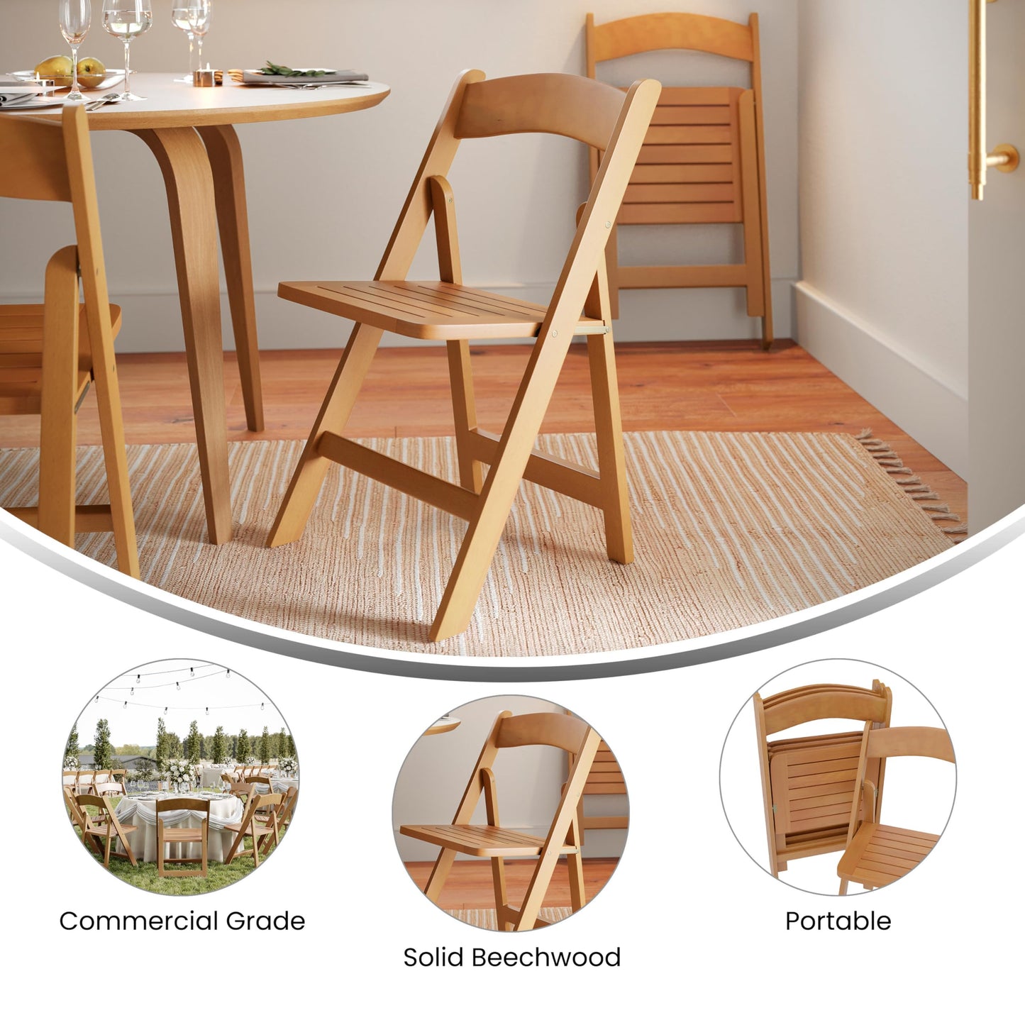 Flash Furniture Holden Commercial Solid Wood Dining Chair, Foldable Design, Solid Beechwood Frame, Curved Back, Mortise & Tenon Construction, Set of 4, Oak