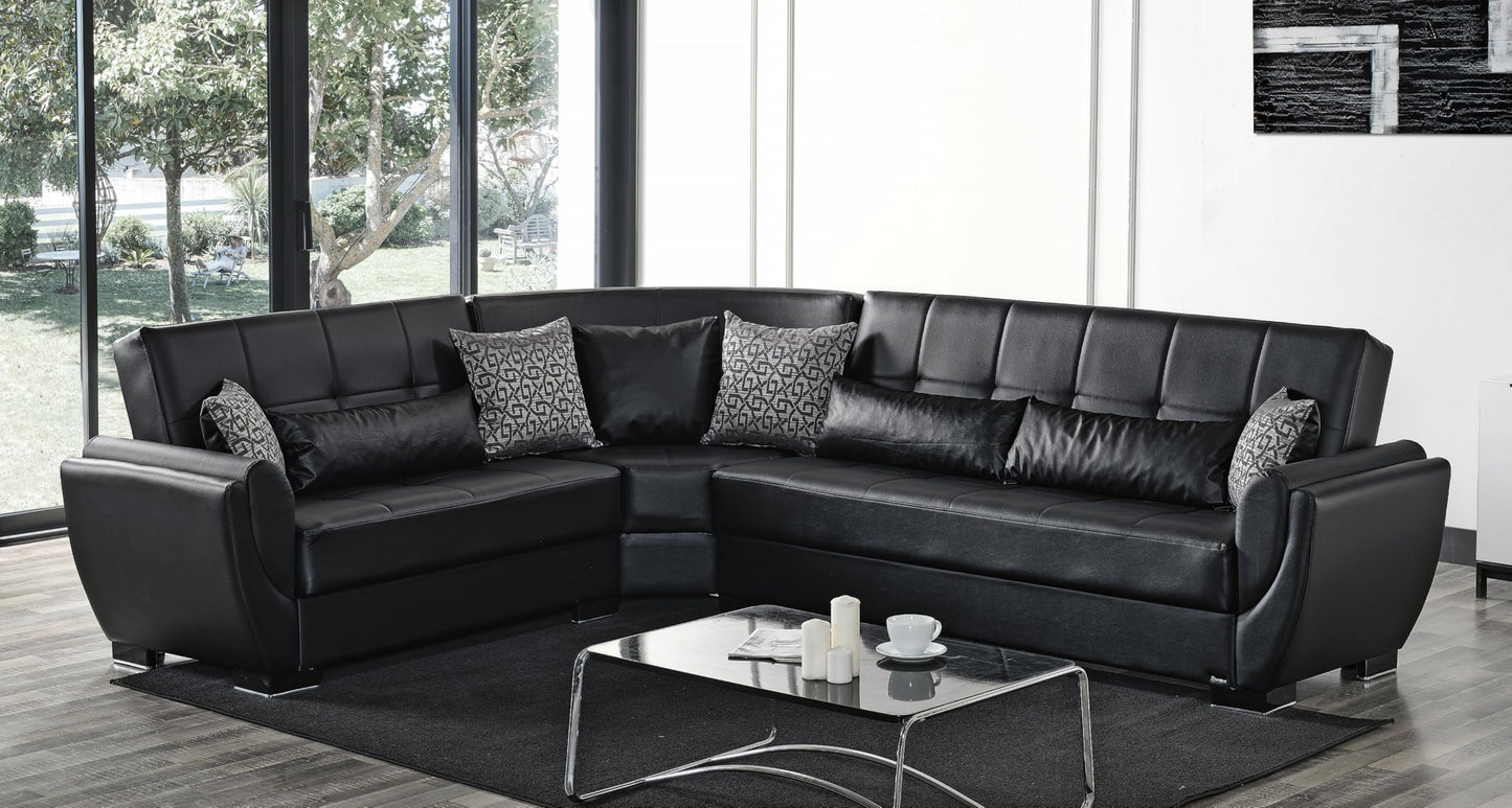 Ottomanson Convertible Sectional Sofa Bed with Hidden Storage & Click-Clack Sit-to-Sleep Sleeper Conversion – Rounded Arm, Firm Support L-Shaped Corner Couch Bed for Living Room & Guest Room, Black
